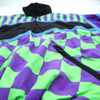 80s Vintage Hotdogger USA Nylon Tracksuit Set Purple Green Checker Stripe Geometric Half Zip Made in USA Size S