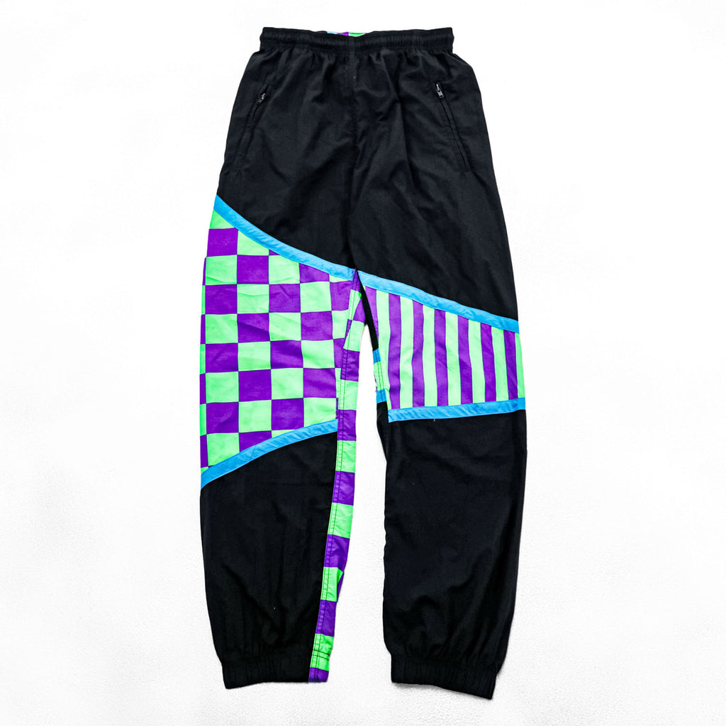 80s Vintage Hotdogger USA Nylon Tracksuit Set Purple Green Checker Stripe Geometric Half Zip Made in USA Size S