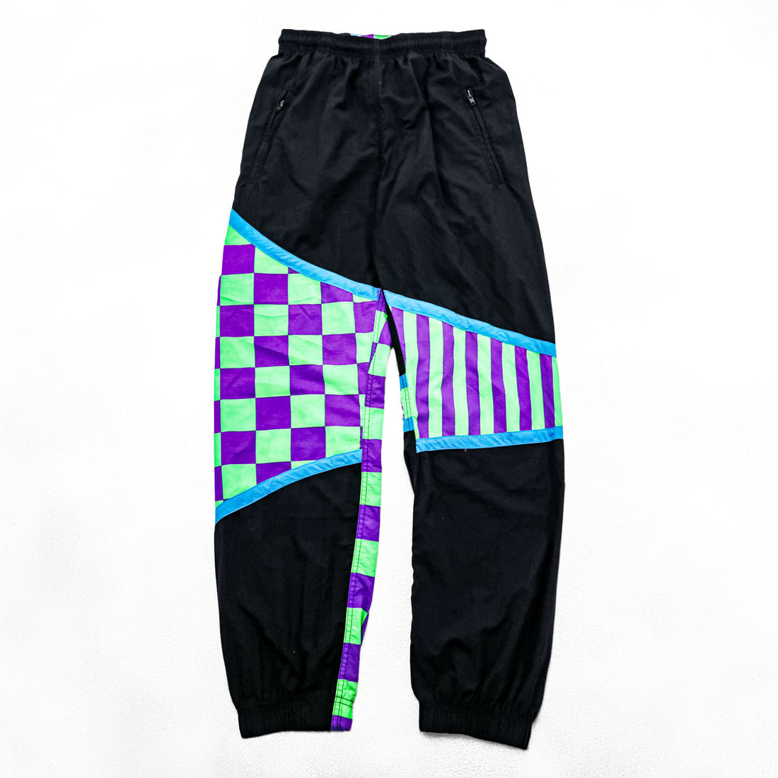 80s Vintage Hotdogger USA Nylon Tracksuit Set Purple Green Checker Stripe Geometric Half Zip Made in USA Size S