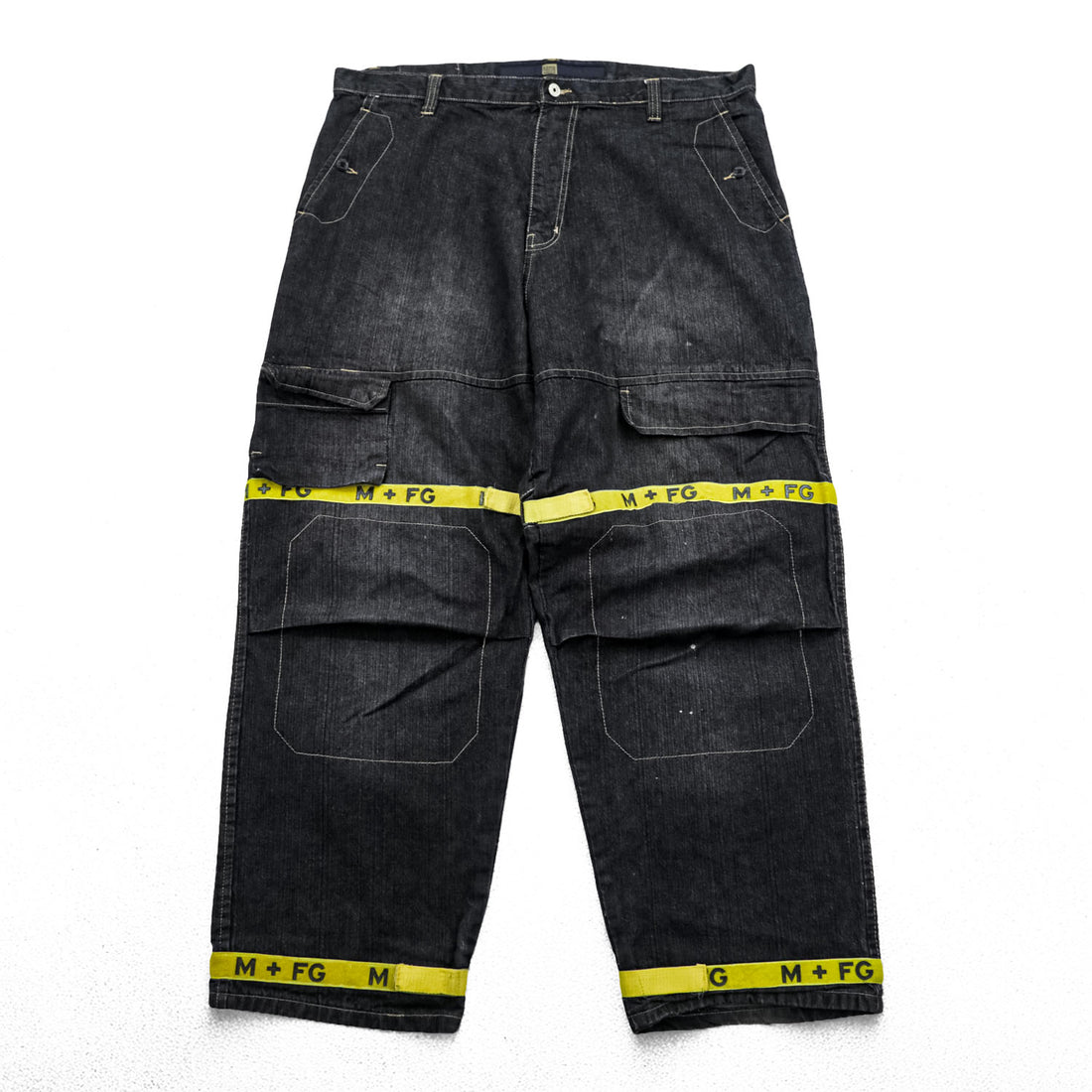 MARITHE + FRANCOIS GIRBAUD 90年代 ヴィンテージ シャトル デニムパンツ ジーンズ XL グレー イエローテープ ワイド バギー カーゴ ビッグサイズ