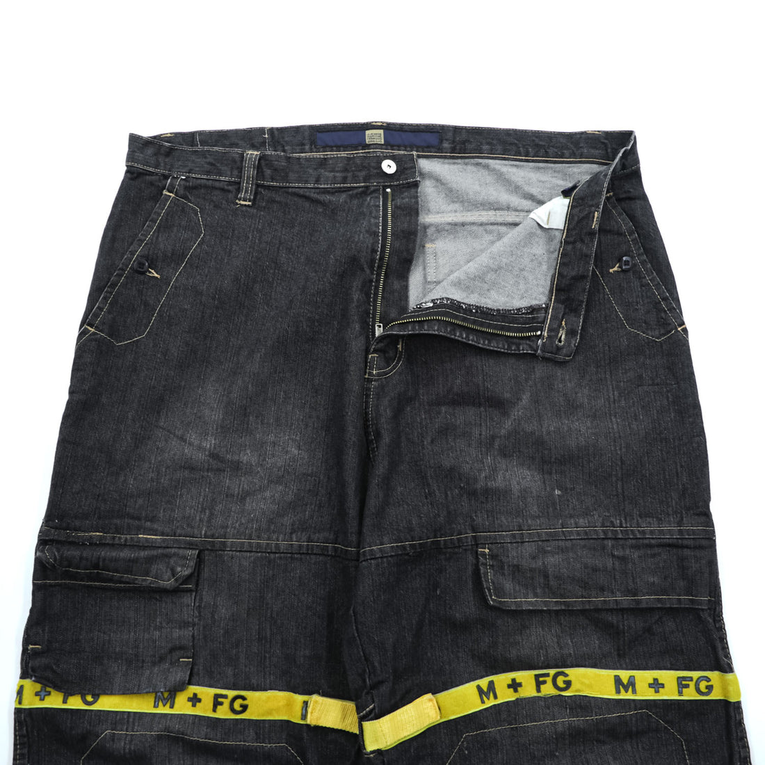 MARITHE + FRANCOIS GIRBAUD 90年代 ヴィンテージ シャトル デニムパンツ ジーンズ XL グレー イエローテープ ワイド バギー カーゴ ビッグサイズ
