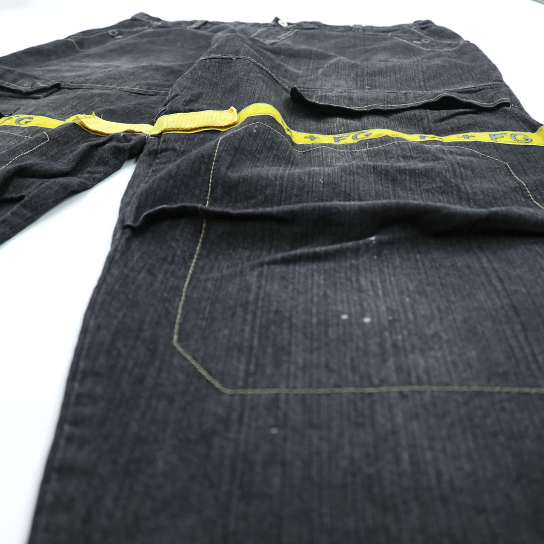 MARITHE + FRANCOIS GIRBAUD 90年代 ヴィンテージ シャトル デニムパンツ ジーンズ XL グレー イエローテープ ワイド バギー カーゴ ビッグサイズ