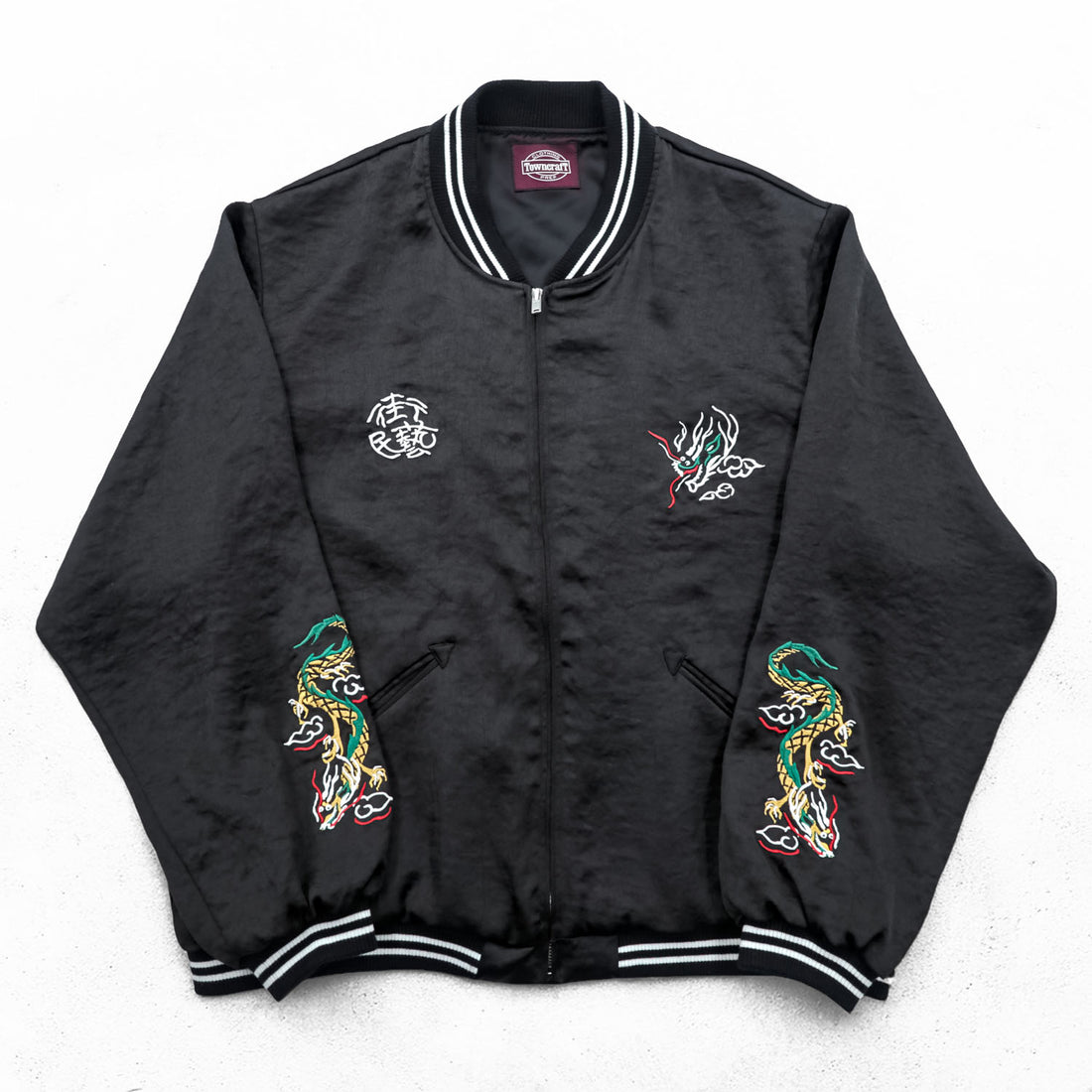 TOWNCRAFT スカジャン スーベニアジャケット L ブラック サテン ナイロン FREAK'S STORE別注 JAPAN 通天閣 Osaka 龍 刺繍 IDEALジップ 221-1531