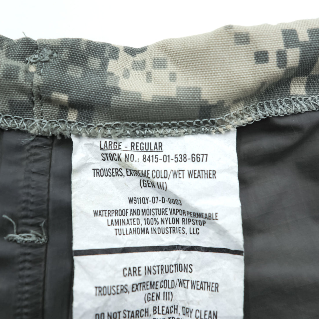 US ARMY 米軍 ECWCS GEN3 LEVEL6 GORE-TEX シェルパンツ トラウザーズ L カーキ ゴアテックス 防水 デジカモ ミリタリー 8415-01-538-6677