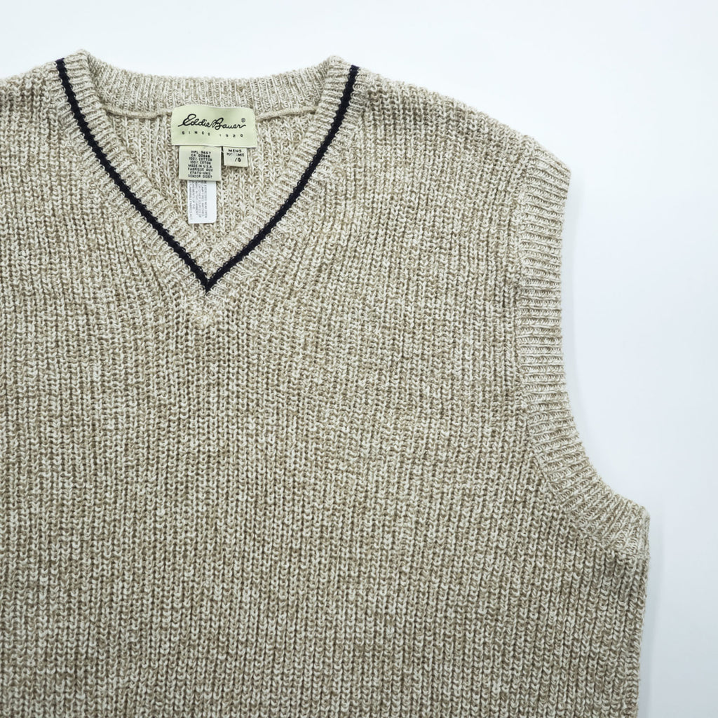 Eddie Bauer 90年代 USA製 ヴィンテージ Vネック コットンニット ベスト L ベージュ リブ編み