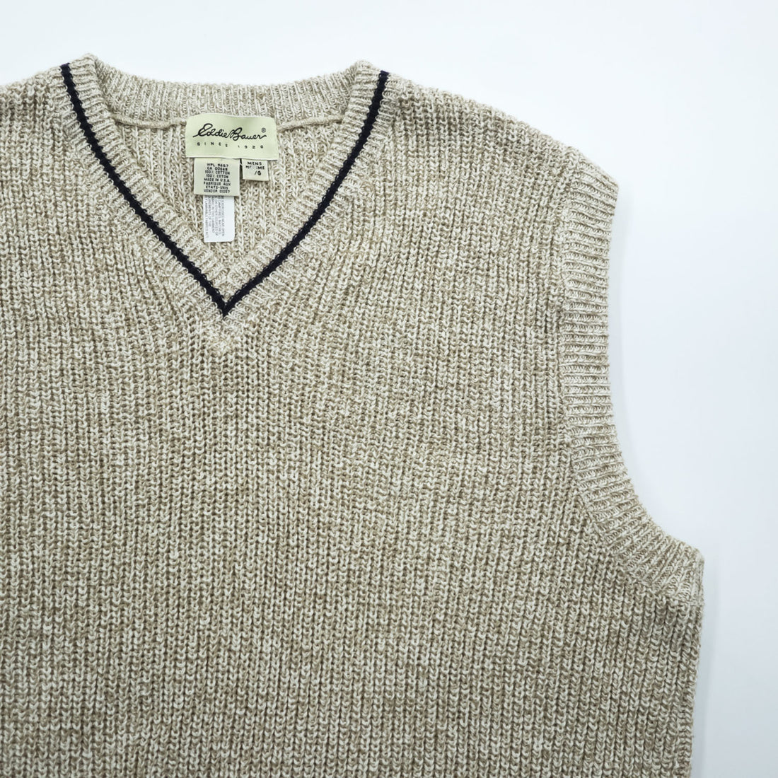 Eddie Bauer 90年代 USA製 ヴィンテージ Vネック コットンニット ベスト L ベージュ リブ編み