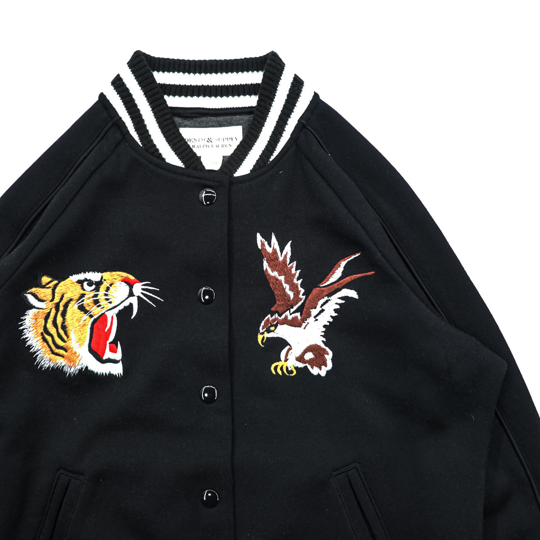 DENIM & SUPPLY RALPH LAUREN Souvenir Jacket, Size S, Black, Tiger and Eagle Embroidery, Snap Buttons