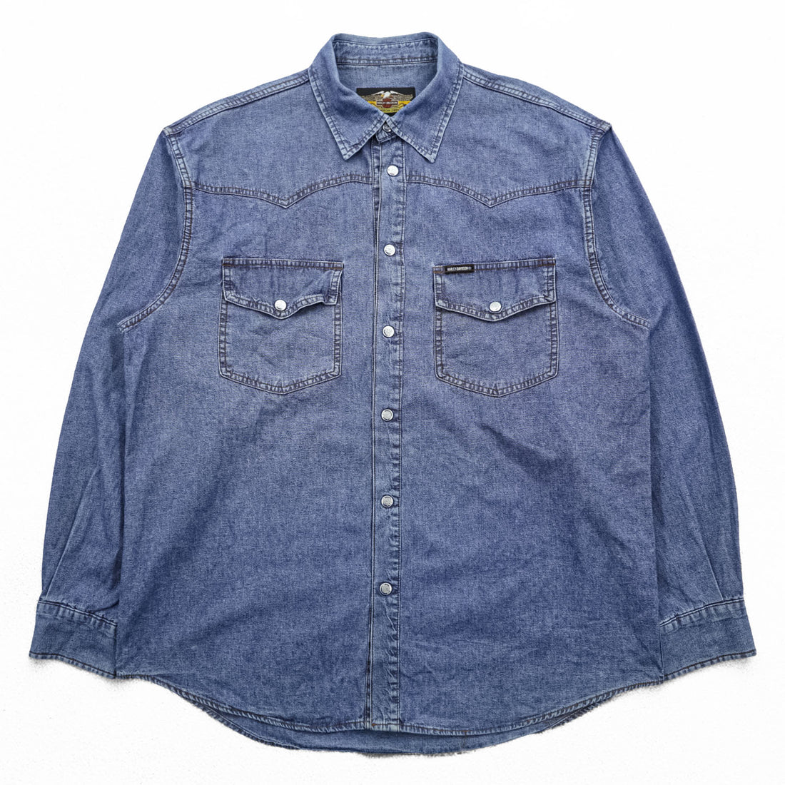 HARLEY DAVIDSON Denim Long-Sleeve Western Shirt, Size XL, Blue, Snap Button