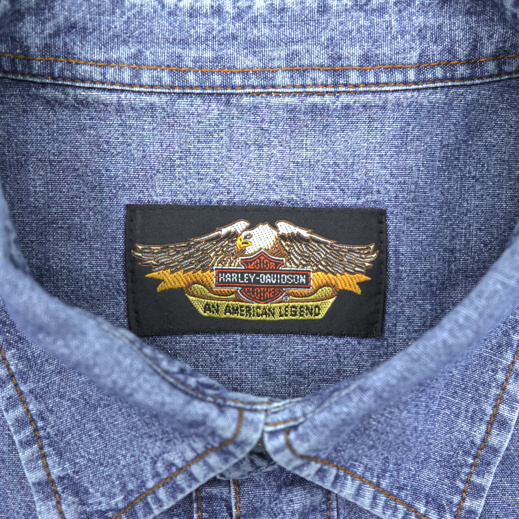 HARLEY DAVIDSON Denim Long-Sleeve Western Shirt, Size XL, Blue, Snap Button