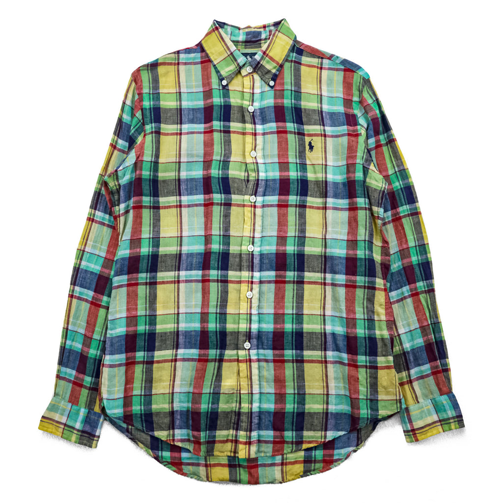 Ralph Lauren 90年代 リネン マドラスチェック 長袖シャツ M イエロー グリーン レッド CUSTOM FIT ボタンダウン スモールポニー ロゴ 刺繍
