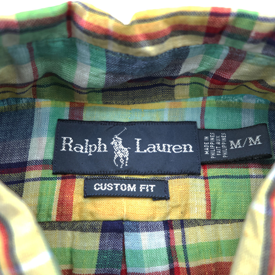 Ralph Lauren 90年代 リネン マドラスチェック 長袖シャツ M イエロー グリーン レッド CUSTOM FIT ボタンダウン スモールポニー ロゴ 刺繍