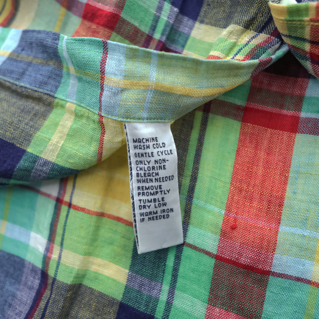 Ralph Lauren 90年代 リネン マドラスチェック 長袖シャツ M イエロー グリーン レッド CUSTOM FIT ボタンダウン スモールポニー ロゴ 刺繍