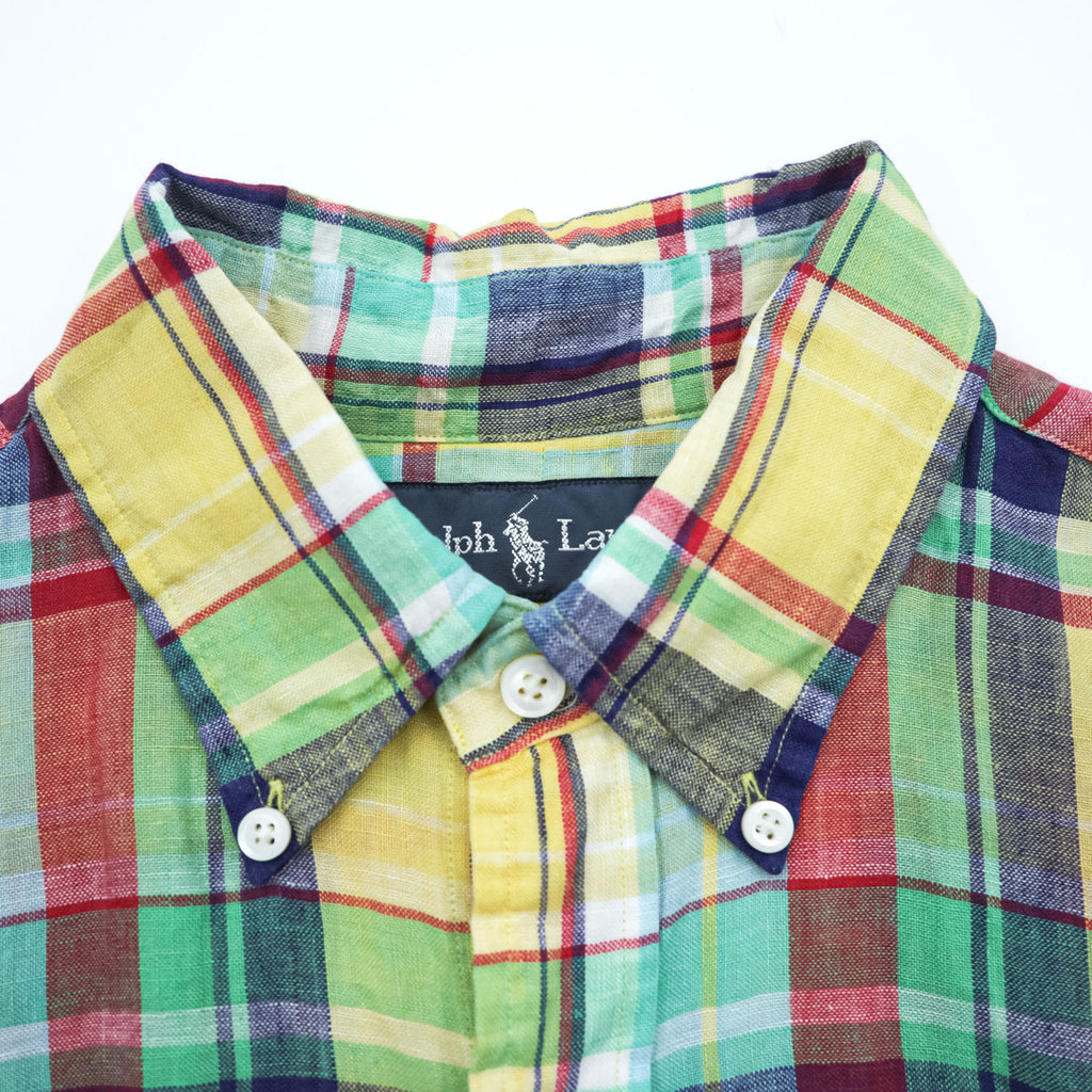 Ralph Lauren 90年代 リネン マドラスチェック 長袖シャツ M イエロー グリーン レッド CUSTOM FIT ボタンダウン スモールポニー ロゴ 刺繍