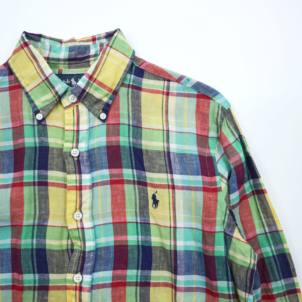 Ralph Lauren 90年代 リネン マドラスチェック 長袖シャツ M イエロー グリーン レッド CUSTOM FIT ボタンダウン スモールポニー ロゴ 刺繍