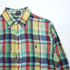 Ralph Lauren 90年代 リネン マドラスチェック 長袖シャツ M イエロー グリーン レッド CUSTOM FIT ボタンダウン スモールポニー ロゴ 刺繍