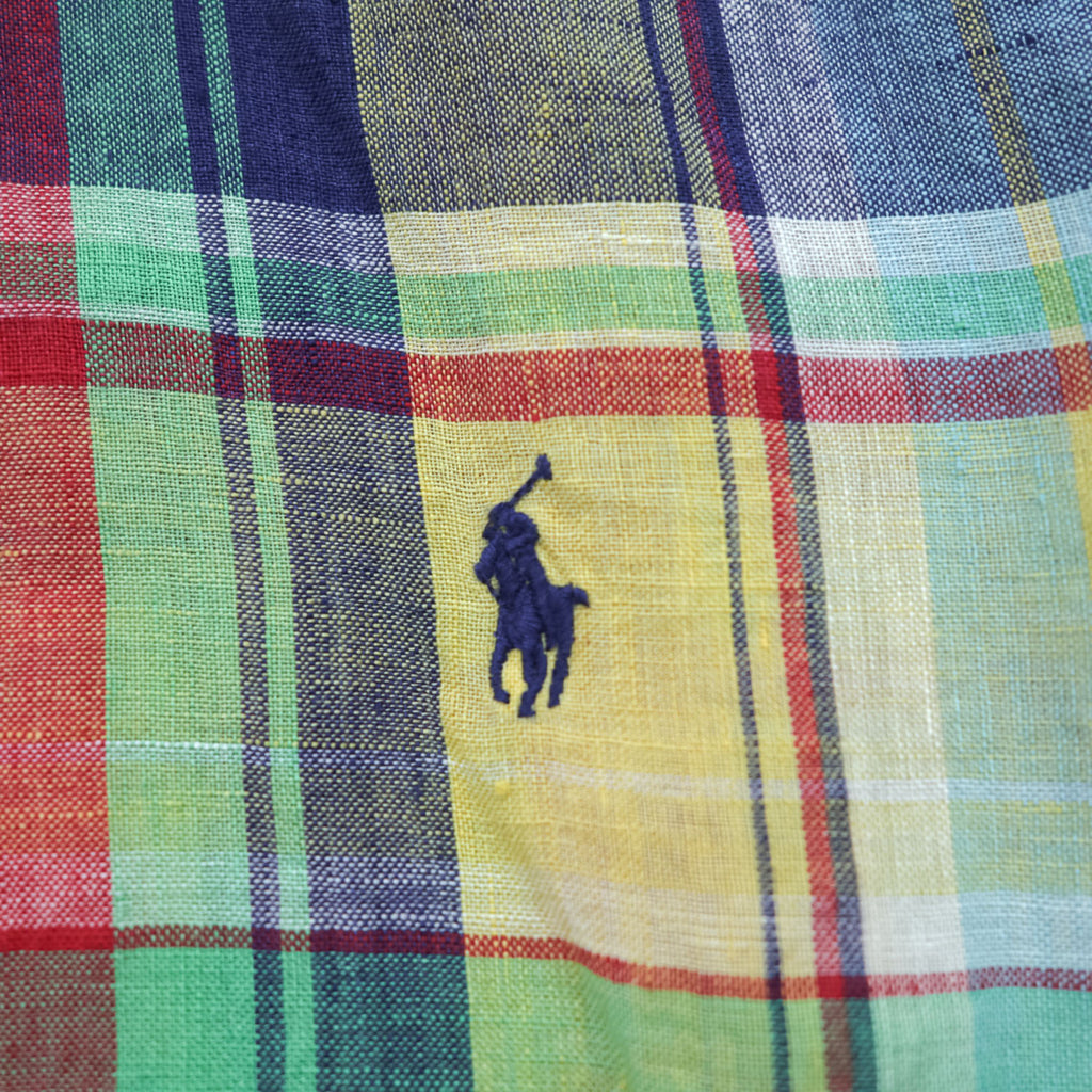 Ralph Lauren 90年代 リネン マドラスチェック 長袖シャツ M イエロー グリーン レッド CUSTOM FIT ボタンダウン スモールポニー ロゴ 刺繍