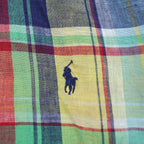 Ralph Lauren 90年代 リネン マドラスチェック 長袖シャツ M イエロー グリーン レッド CUSTOM FIT ボタンダウン スモールポニー ロゴ 刺繍