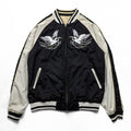 Karakuri Tamashi Reversible Souvenir Jacket, Size L, Satin Rayon, Black/Beige Japanese Embroidery Nishikigoi Carp Crane 283814