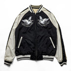 Karakuri Tamashi Reversible Souvenir Jacket, Size L, Satin Rayon, Black/Beige Japanese Embroidery Nishikigoi Carp Crane 283814