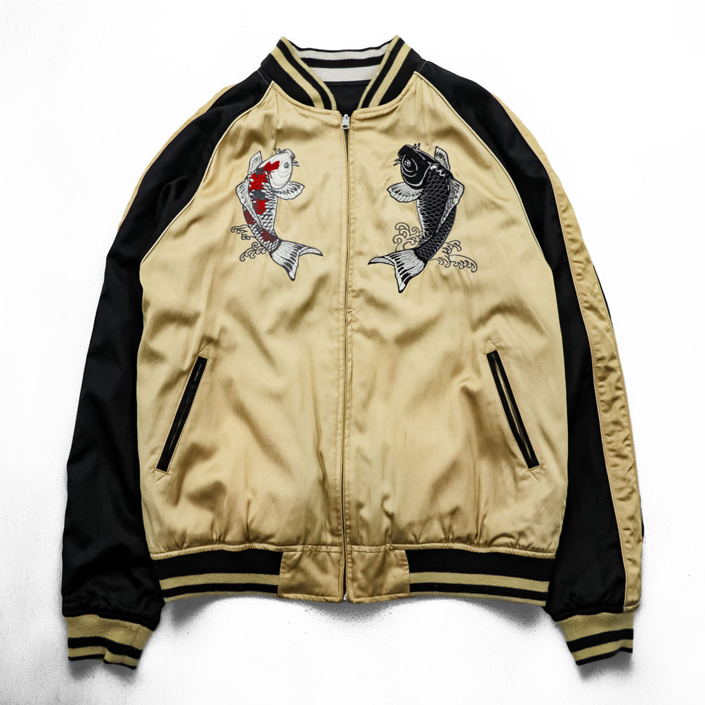 Karakuri Tamashi Reversible Souvenir Jacket, Size L, Satin Rayon, Black/Beige Japanese Embroidery Nishikigoi Carp Crane 283814