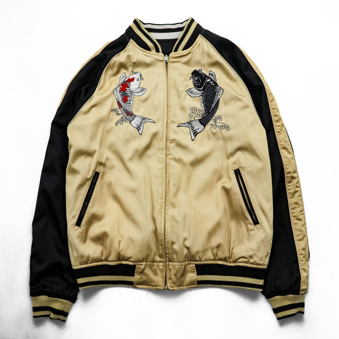 Karakuri Tamashi Reversible Souvenir Jacket, Size L, Satin Rayon, Black/Beige Japanese Embroidery Nishikigoi Carp Crane 283814