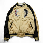 Karakuri Tamashi Reversible Souvenir Jacket, Size L, Satin Rayon, Black/Beige Japanese Embroidery Nishikigoi Carp Crane 283814