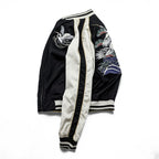 Karakuri Tamashi Reversible Souvenir Jacket, Size L, Satin Rayon, Black/Beige Japanese Embroidery Nishikigoi Carp Crane 283814