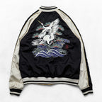 Karakuri Tamashi Reversible Souvenir Jacket, Size L, Satin Rayon, Black/Beige Japanese Embroidery Nishikigoi Carp Crane 283814