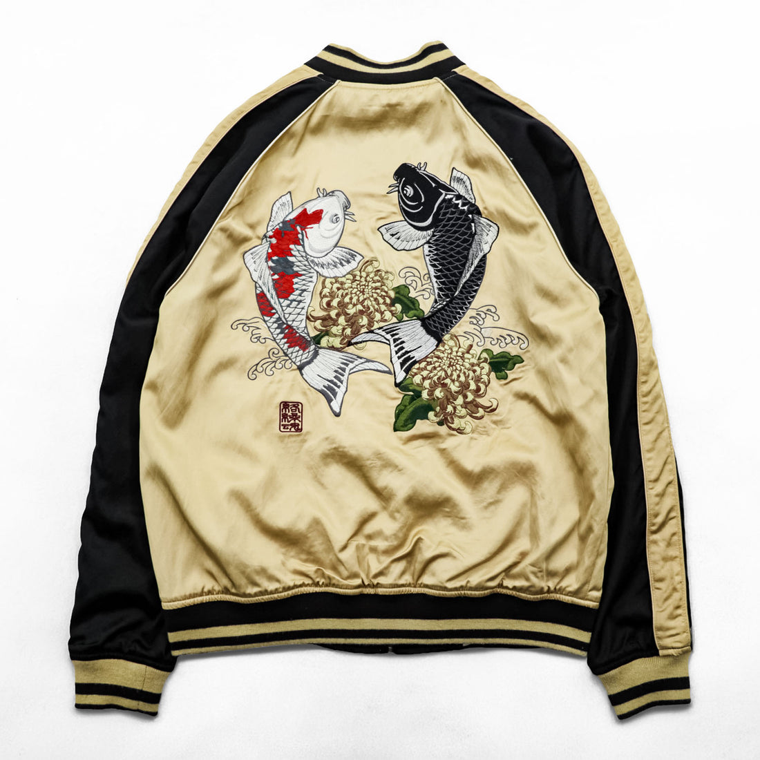 Karakuri Tamashi Reversible Souvenir Jacket, Size L, Satin Rayon, Black/Beige Japanese Embroidery Nishikigoi Carp Crane 283814