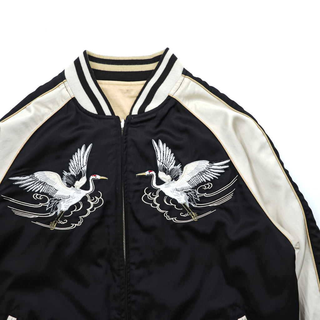 Karakuri Tamashi Reversible Souvenir Jacket, Size L, Satin Rayon, Black/Beige Japanese Embroidery Nishikigoi Carp Crane 283814