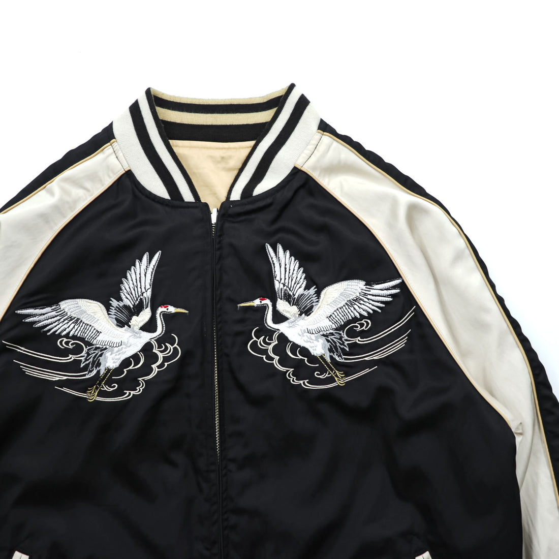 Karakuri Tamashi Reversible Souvenir Jacket, Size L, Satin Rayon, Black/Beige Japanese Embroidery Nishikigoi Carp Crane 283814