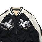 Karakuri Tamashi Reversible Souvenir Jacket, Size L, Satin Rayon, Black/Beige Japanese Embroidery Nishikigoi Carp Crane 283814