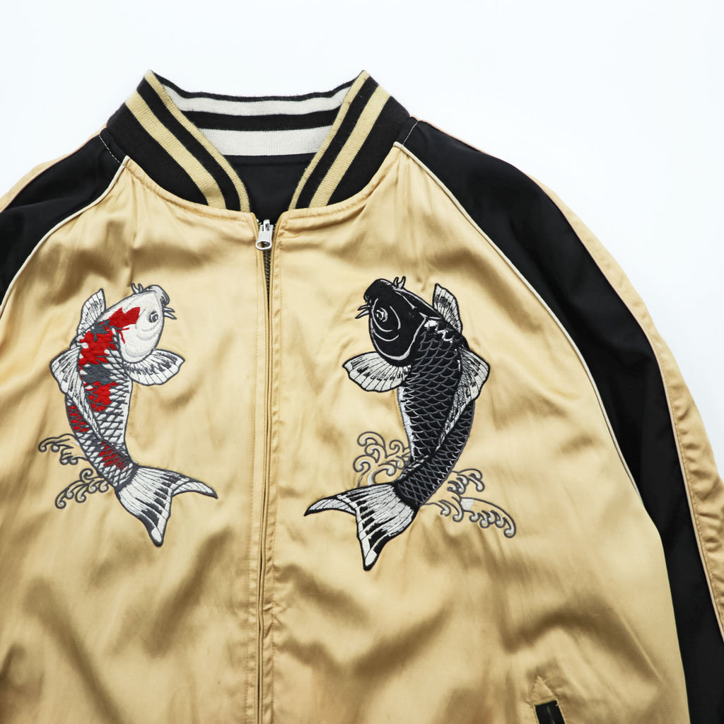 Karakuri Tamashi Reversible Souvenir Jacket, Size L, Satin Rayon, Black/Beige Japanese Embroidery Nishikigoi Carp Crane 283814