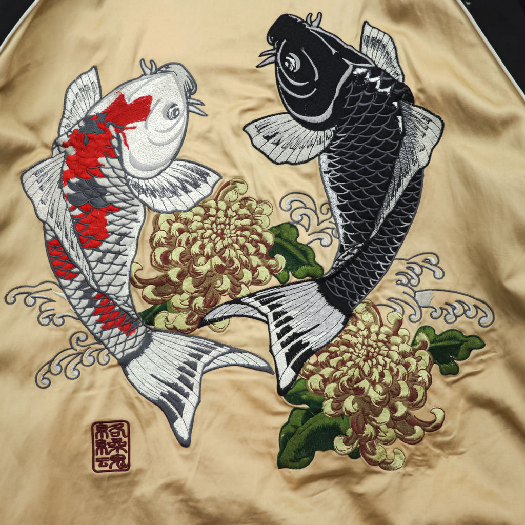 Karakuri Tamashi Reversible Souvenir Jacket, Size L, Satin Rayon, Black/Beige Japanese Embroidery Nishikigoi Carp Crane 283814