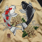 Karakuri Tamashi Reversible Souvenir Jacket, Size L, Satin Rayon, Black/Beige Japanese Embroidery Nishikigoi Carp Crane 283814