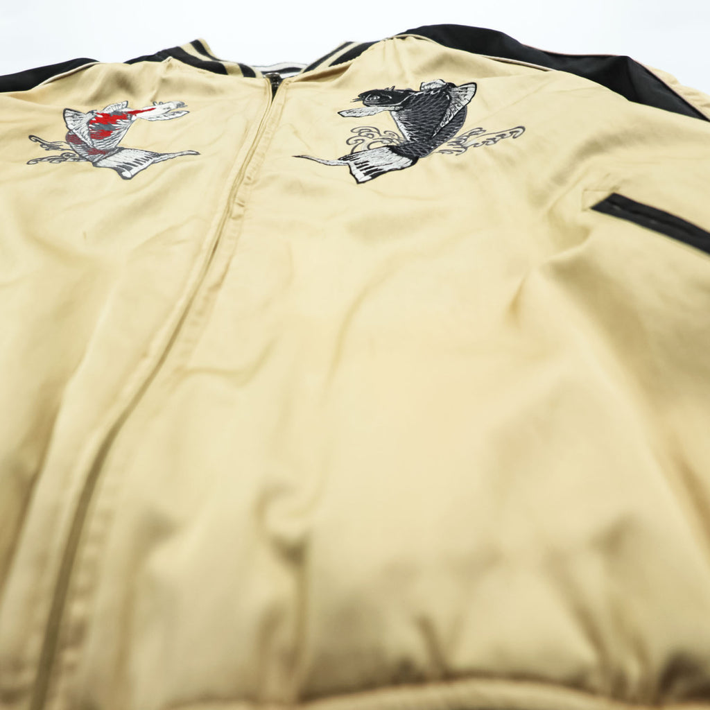Karakuri Tamashi Reversible Souvenir Jacket, Size L, Satin Rayon, Black/Beige Japanese Embroidery Nishikigoi Carp Crane 283814