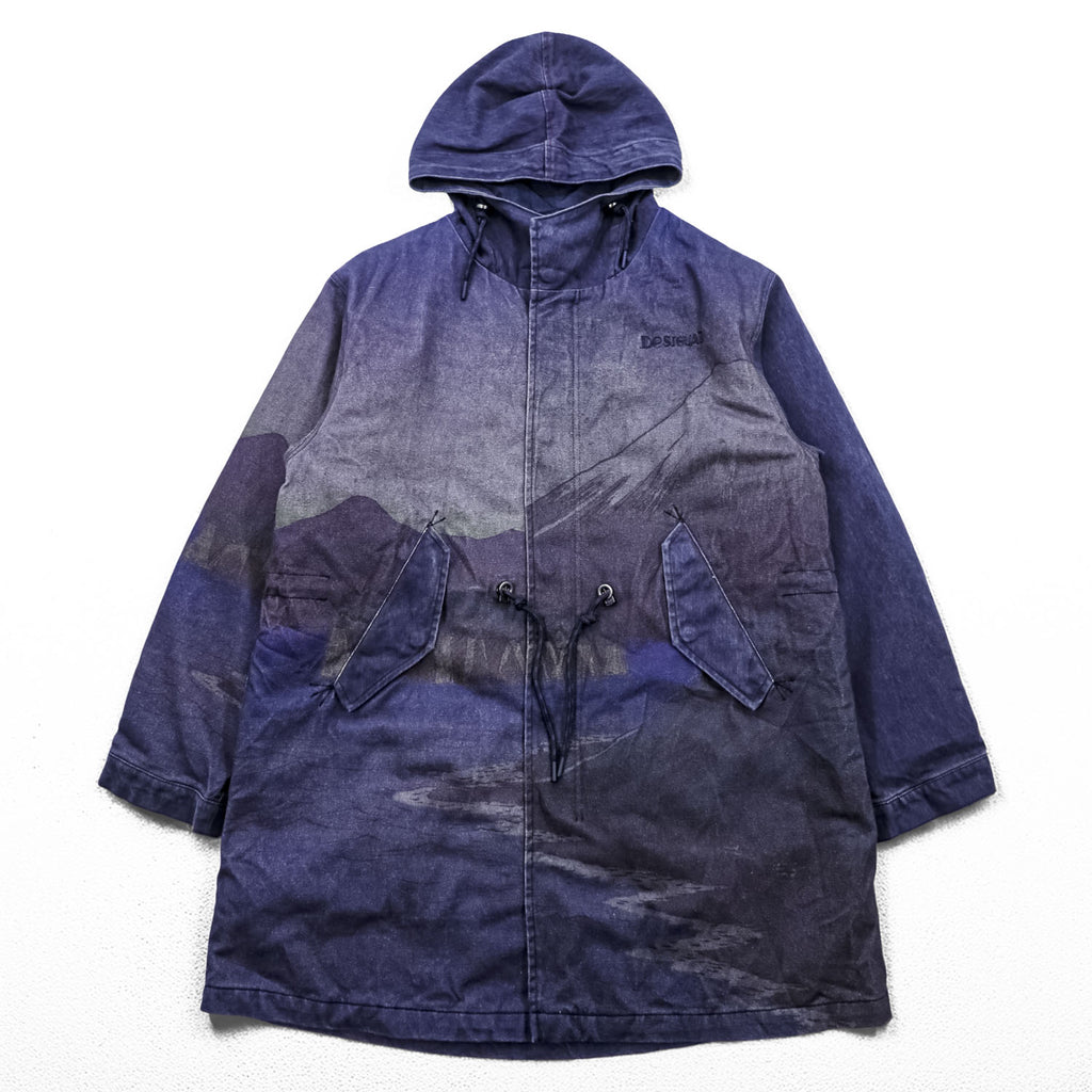 Desigual Mod Parka M Indigo Blue Patterned Drawstring Detachable Liner Landscape Ukiyo-e 23SMEW03