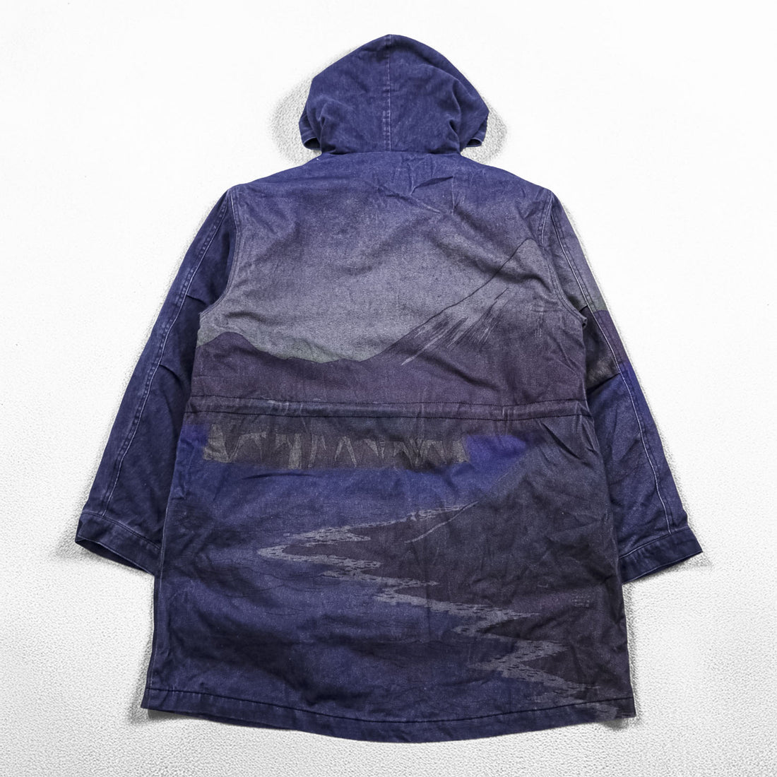 Desigual Mod Parka M Indigo Blue Patterned Drawstring Detachable Liner Landscape Ukiyo-e 23SMEW03