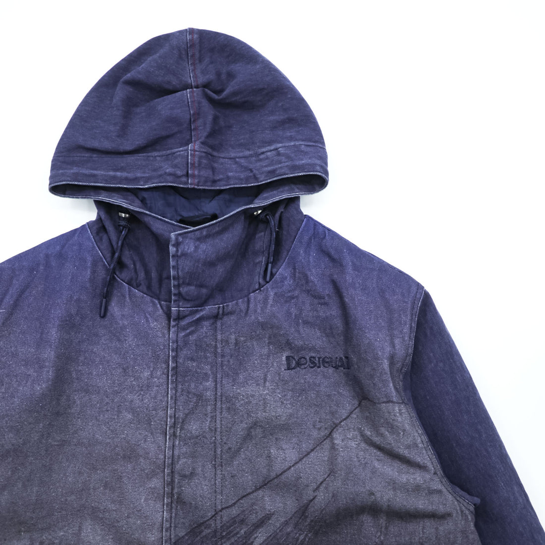 Desigual Mod Parka M Indigo Blue Patterned Drawstring Detachable Liner Landscape Ukiyo-e 23SMEW03
