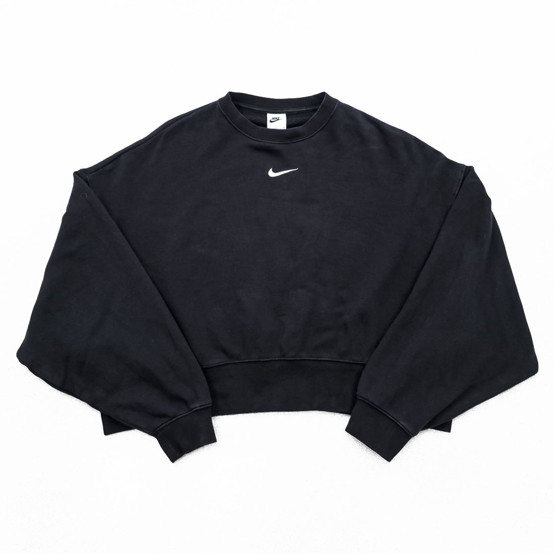 NIKE Oversized Cropped Sweatshirt, Free Size, Black, Center Swoosh, Short Length, Wide Silhouette, DJ7665-010