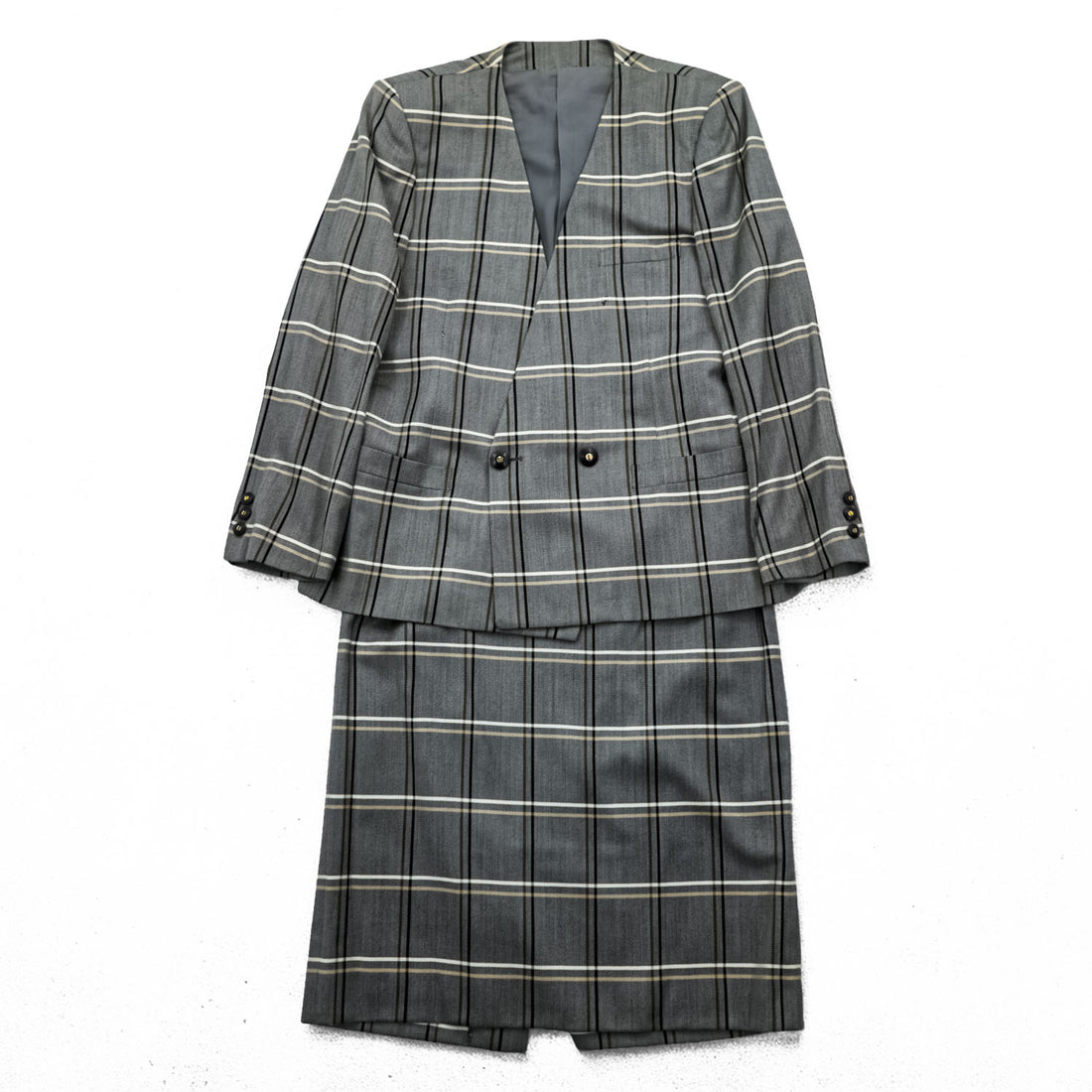 Burberrys Vintage Women’s Plaid Skirt Suit Set Gray Windowpane Double Button Jacket