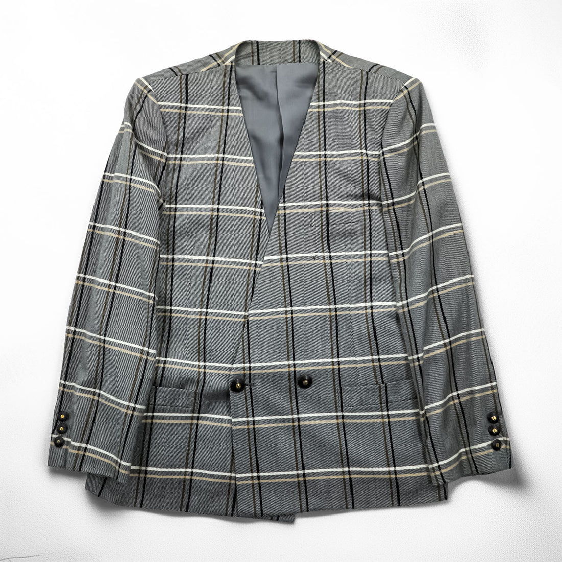 Burberrys Vintage Women’s Plaid Skirt Suit Set Gray Windowpane Double Button Jacket