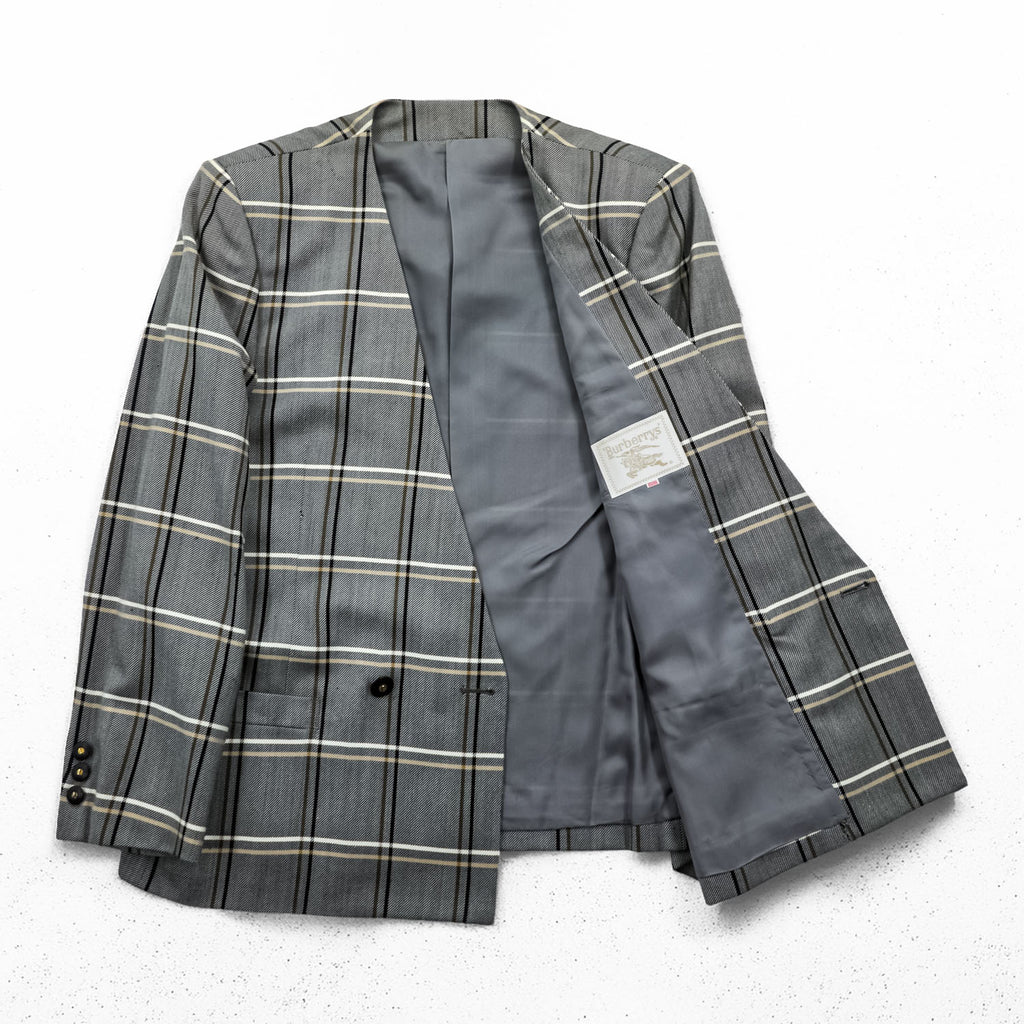 Burberrys Vintage Women’s Plaid Skirt Suit Set Gray Windowpane Double Button Jacket