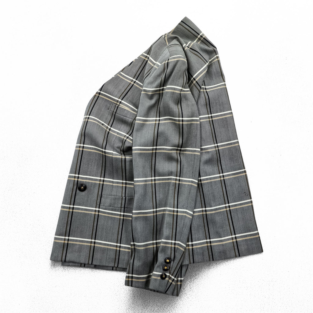 Burberrys Vintage Women’s Plaid Skirt Suit Set Gray Windowpane Double Button Jacket