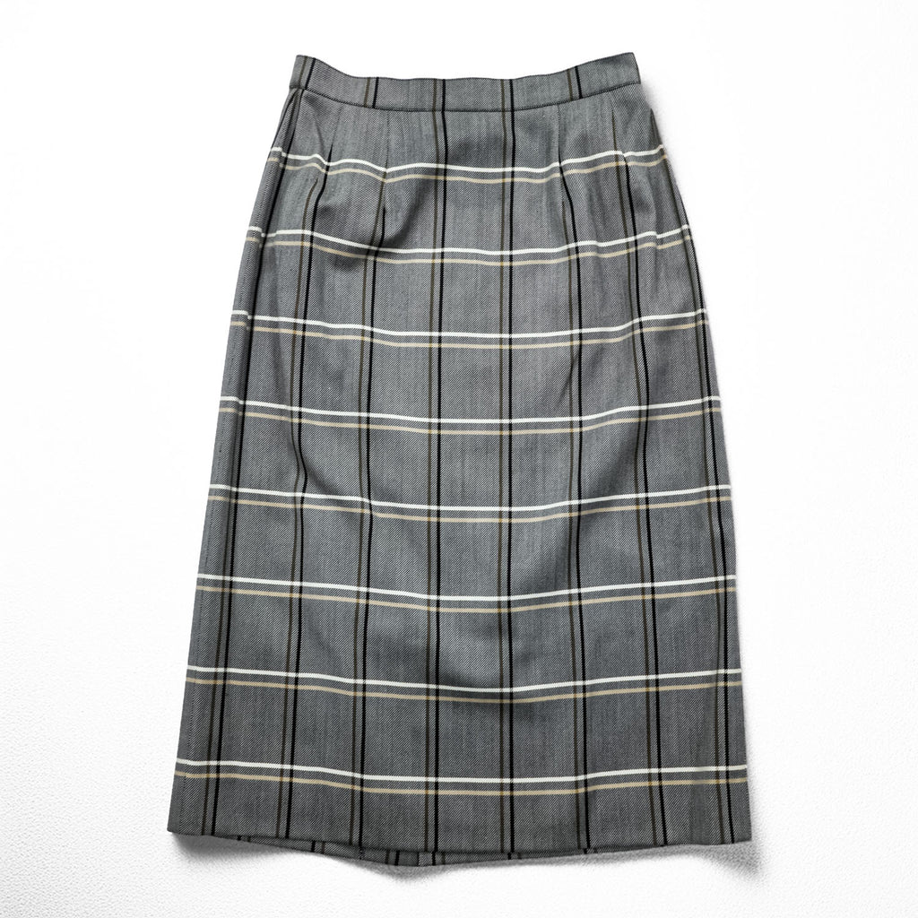 Burberrys Vintage Women’s Plaid Skirt Suit Set Gray Windowpane Double Button Jacket