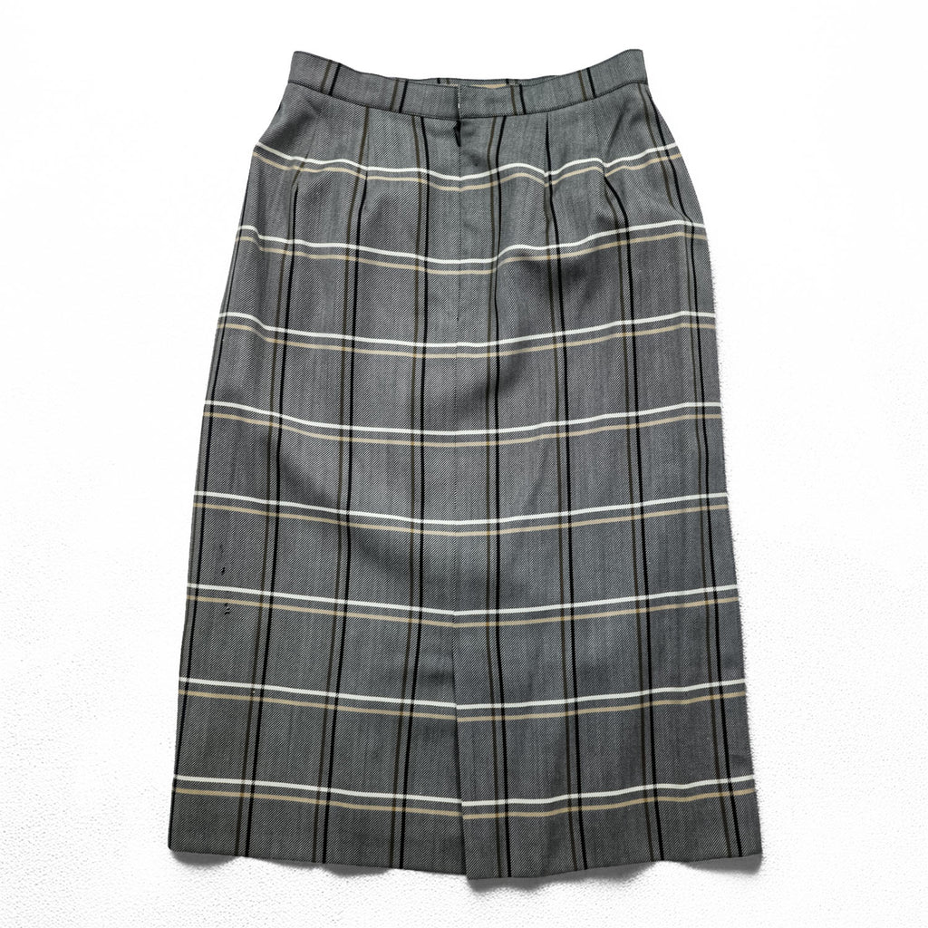 Burberrys Vintage Women’s Plaid Skirt Suit Set Gray Windowpane Double Button Jacket