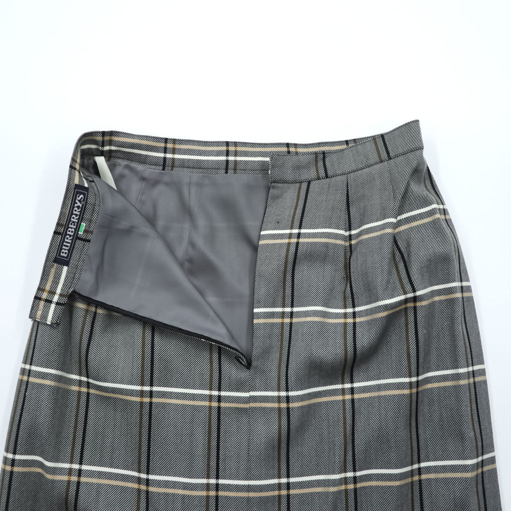 Burberrys Vintage Women’s Plaid Skirt Suit Set Gray Windowpane Double Button Jacket