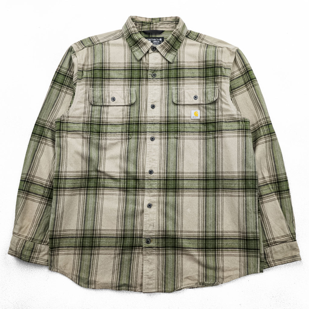Carhartt LOOSE FIT Long Sleeve Flannel Work Shirt Checked Green, Beige L TW4451