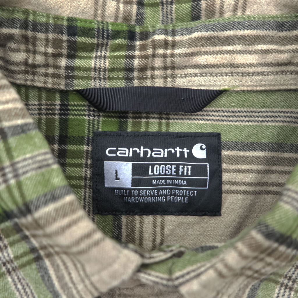 Carhartt LOOSE FIT Long Sleeve Flannel Work Shirt Checked Green, Beige L TW4451