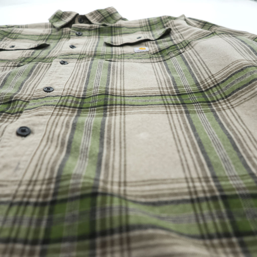 Carhartt LOOSE FIT Long Sleeve Flannel Work Shirt Checked Green, Beige L TW4451